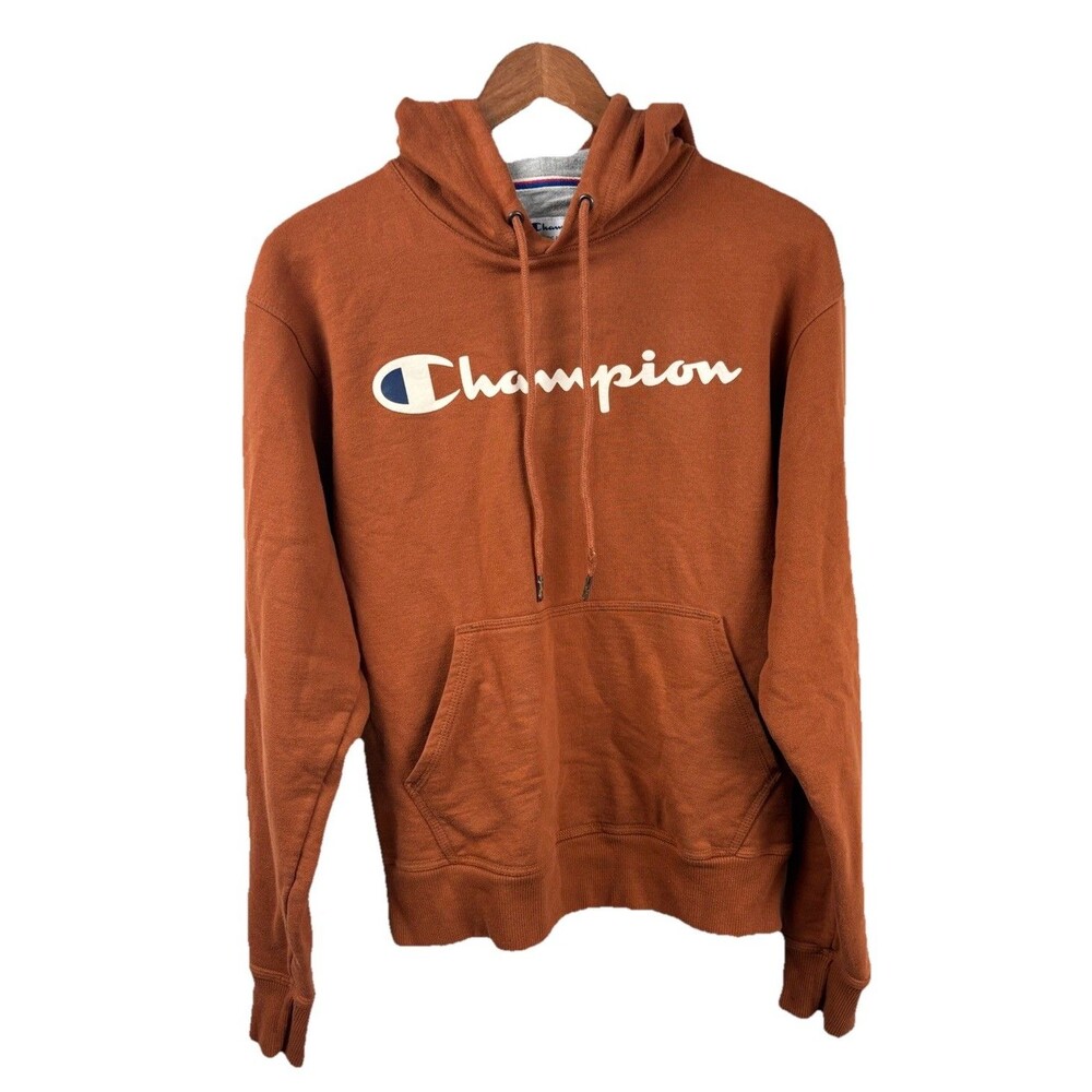 Vintage Champion Hoodie Script Men’s Small 90’s Powerblend Pullover Rust Brown